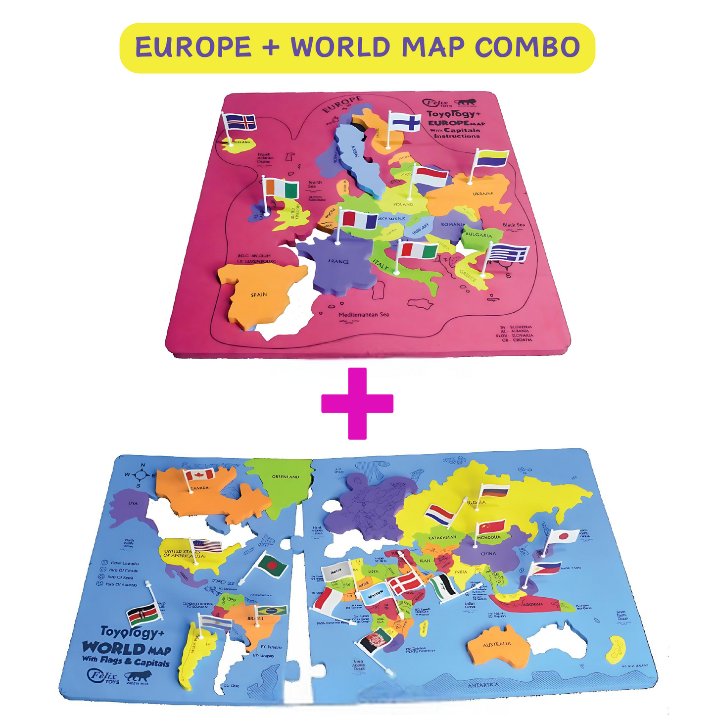 Toyology World + Europe Map Combo Puzzle with Flags