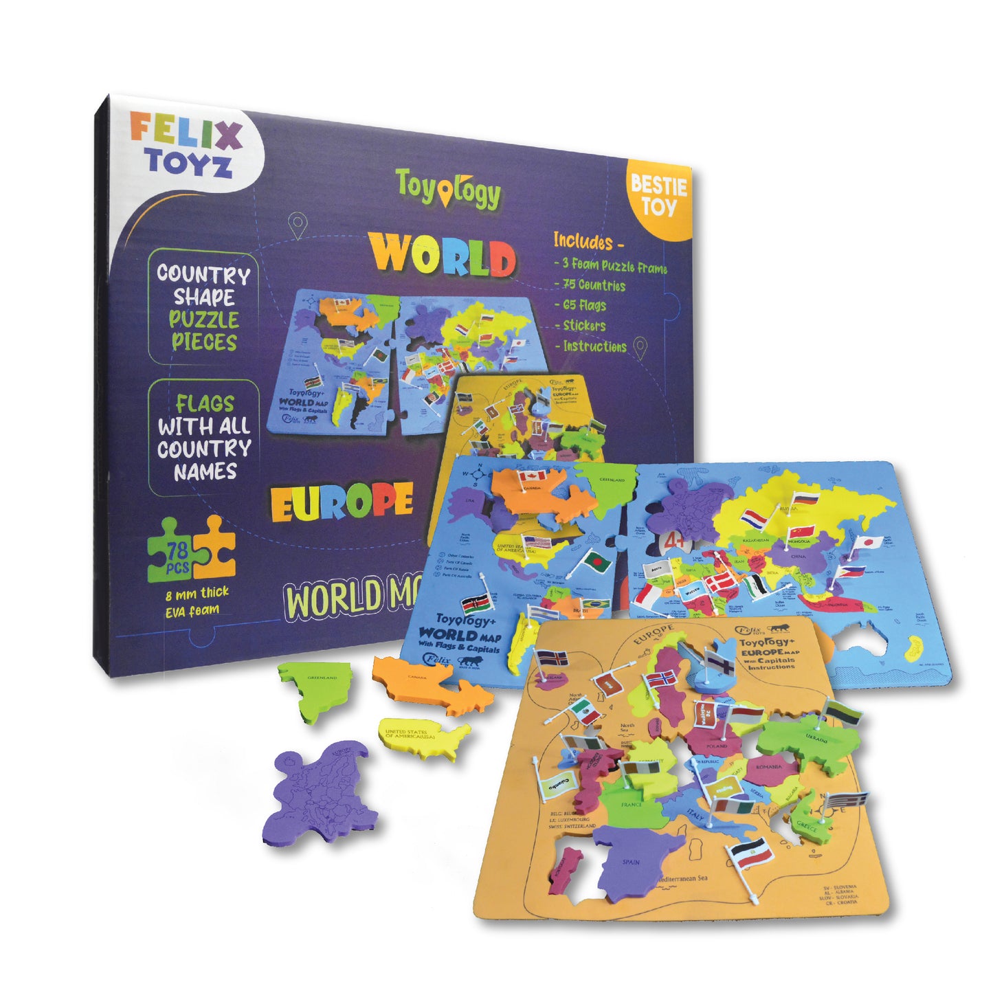 Toyology World + Europe Map Combo Puzzle with Flags