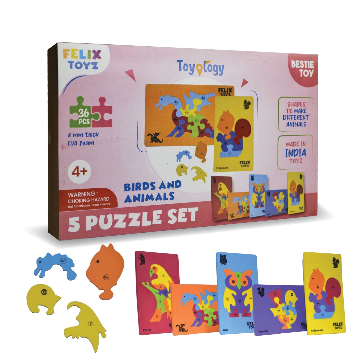 5-Set Birds & Animals Puzzle with A-to-Z Learning for Kids