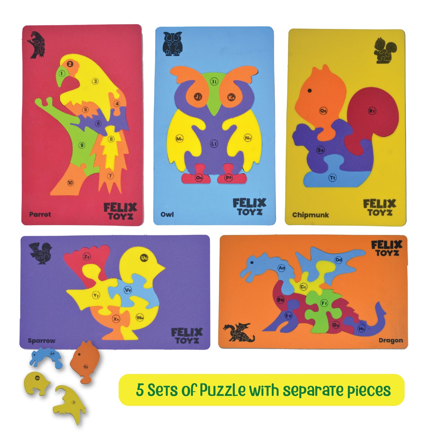 5-Set Birds & Animals Puzzle with A-to-Z Learning for Kids